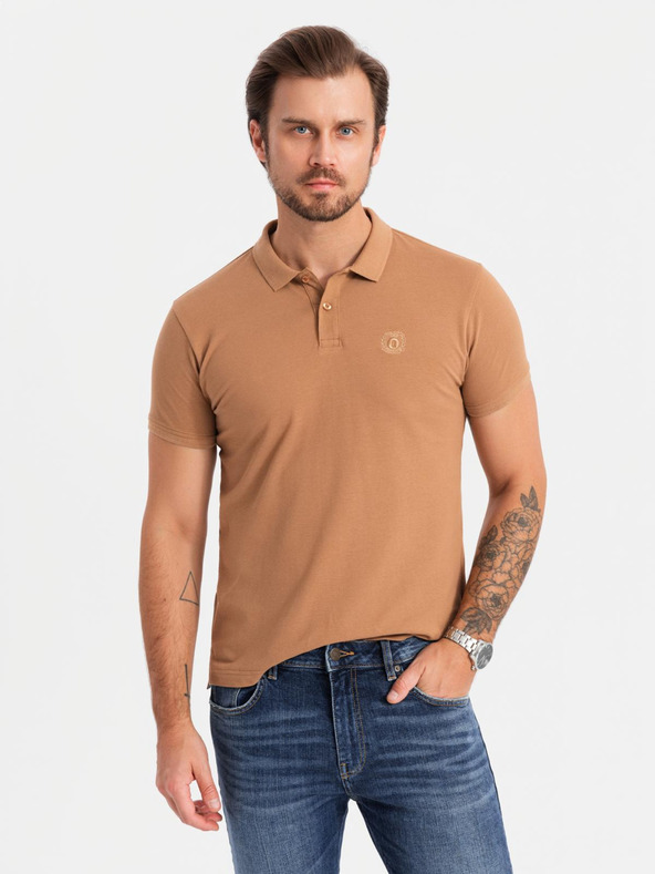 Ombre Clothing Muška pamučna polo majica BASIC - bijela/bijela/svijetlo smeđa V6 OM-POBS-0133 Ombre odjeća