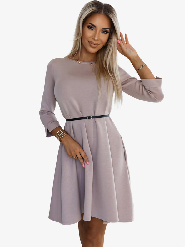 numoco Klasična trapez haljina sa crnim remenom - bež Numoco