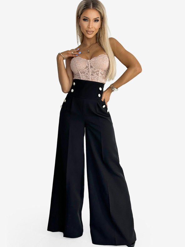 numoco Crne ženske elegantne hlače širokih nogavica s visokim strukom i zlatnim gumbima marke Numoco