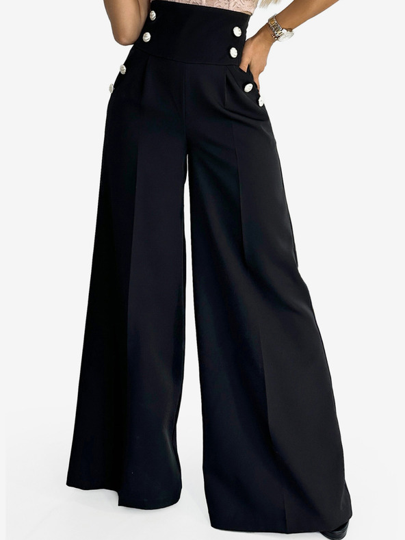 numoco Crne ženske elegantne hlače širokih nogavica s visokim strukom i zlatnim gumbima marke Numoco