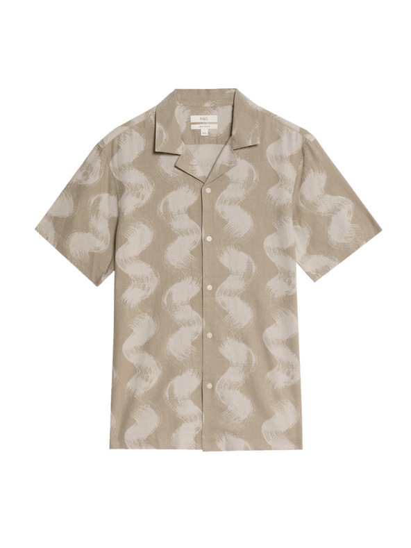 Marks & Spencer Košulja s kubанским ovratnikom s tiskom valova, s visokim udjelom lana Marks & Spencer boja kreme