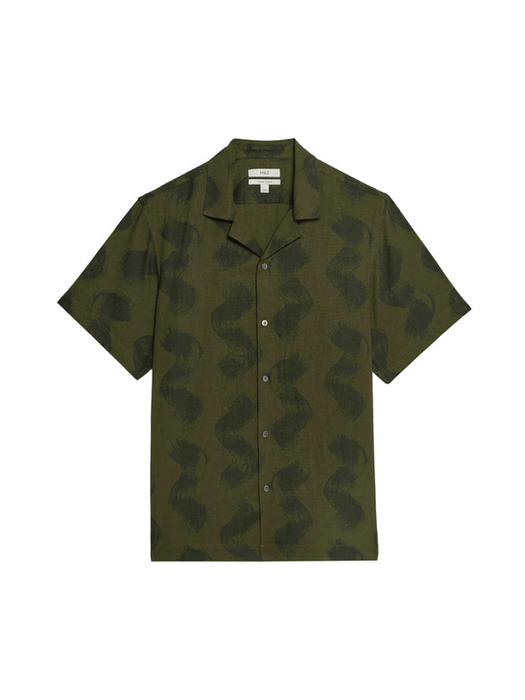 Marks & Spencer Košulja s kubанским ovratnikom s tiskom valova, s visokim udjelom lana Marks & Spencer zelena