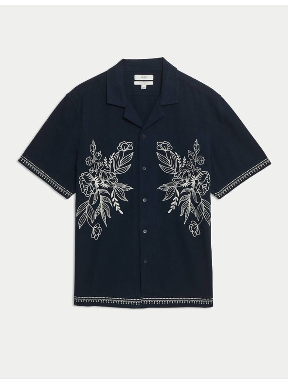 Marks & Spencer Vez košulja s kratkim rukavima od mješavine lana i pamuka Marks & Spencer mornarsko plava