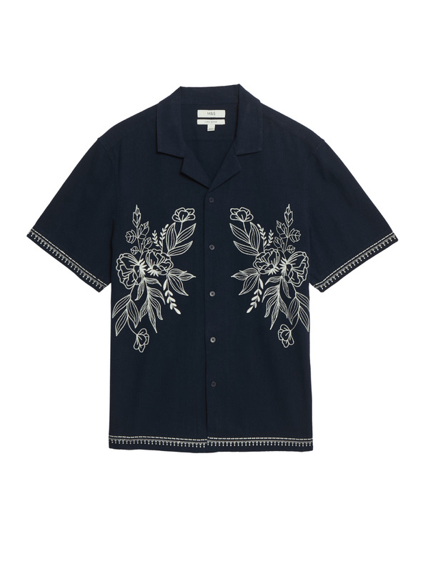 Marks & Spencer Vez košulja s kratkim rukavima od mješavine lana i pamuka Marks & Spencer mornarsko plava