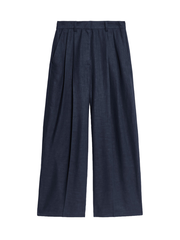 Marks & Spencer Keper hlače s visokim udjelom lana i širokim nogavicama Marks & Spencer mornarsko plava