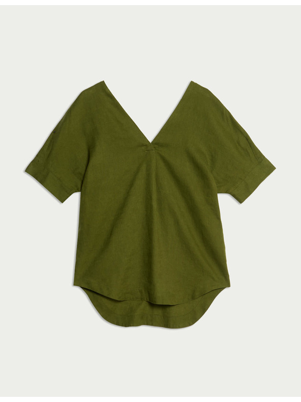 Marks & Spencer Labava bluza preko glave s V-izrezom od čistog lana Marks & Spencer zelena