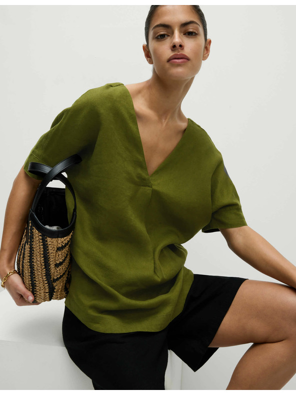 Marks & Spencer Labava bluza preko glave s V-izrezom od čistog lana Marks & Spencer zelena