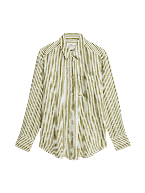 Marks & Spencer Prugasta košulja veličine maxi od čistog lana Marks & Spencer zelena