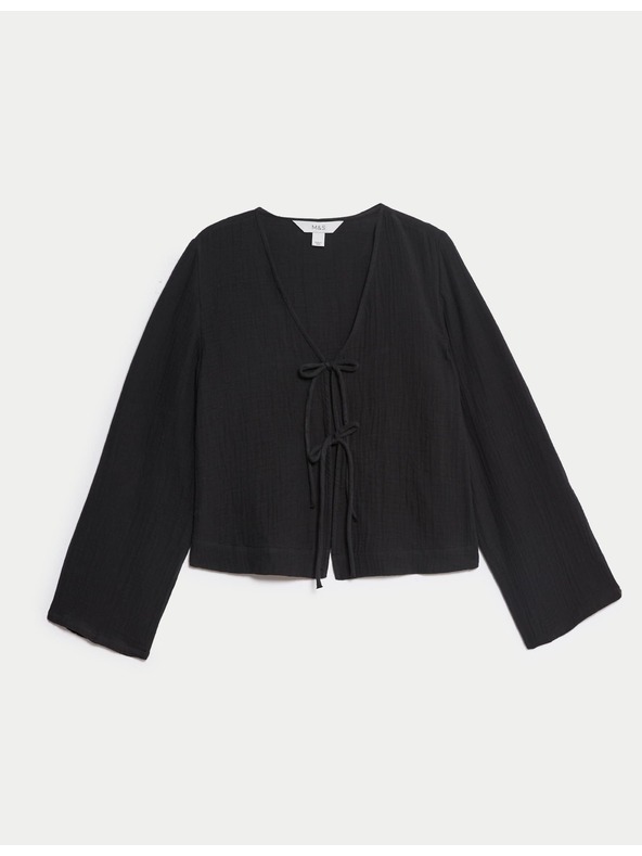 Marks & Spencer Plaža top s V-izrezom i vezom sprijeda od čistog pamuka Marks & Spencer crna