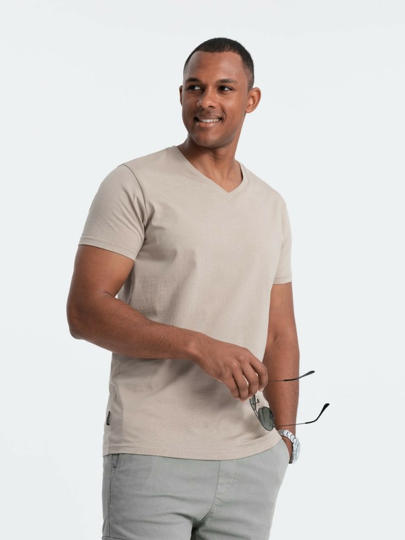 Ombre Clothing Muška pamučna majica s klasičnim BASIC izrezom - pijesak V5 OM-TSBS-0145 Ombre odjeća