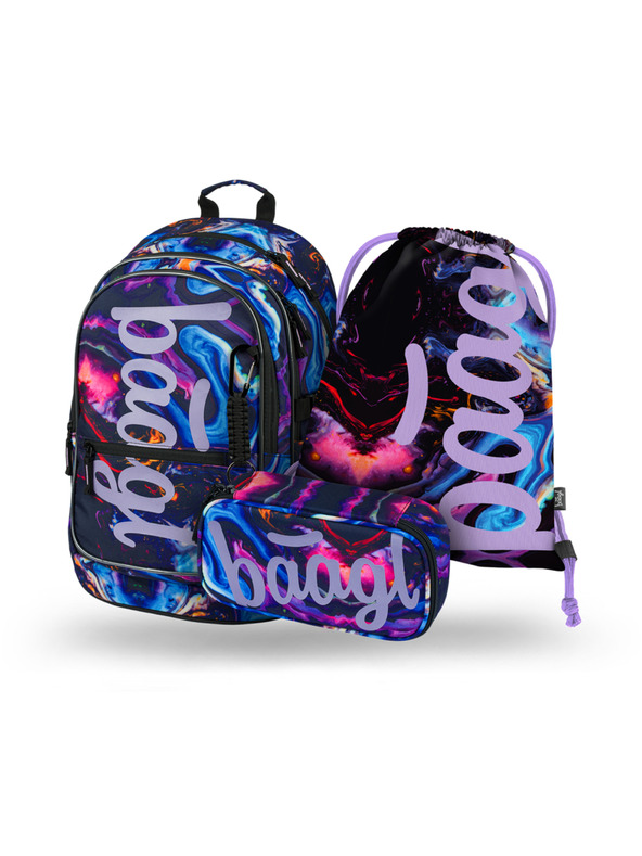 BAAGL  Ljubičasti školski set - ruksak, pernica, torba Baagl Core Marble