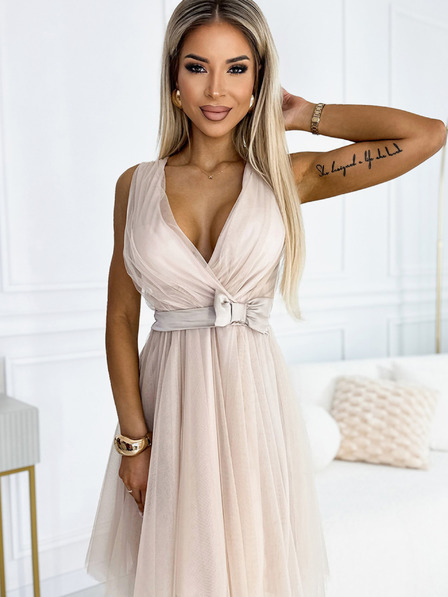 numoco 523-3 Haljina od tila s izrezom i mašnom - bež