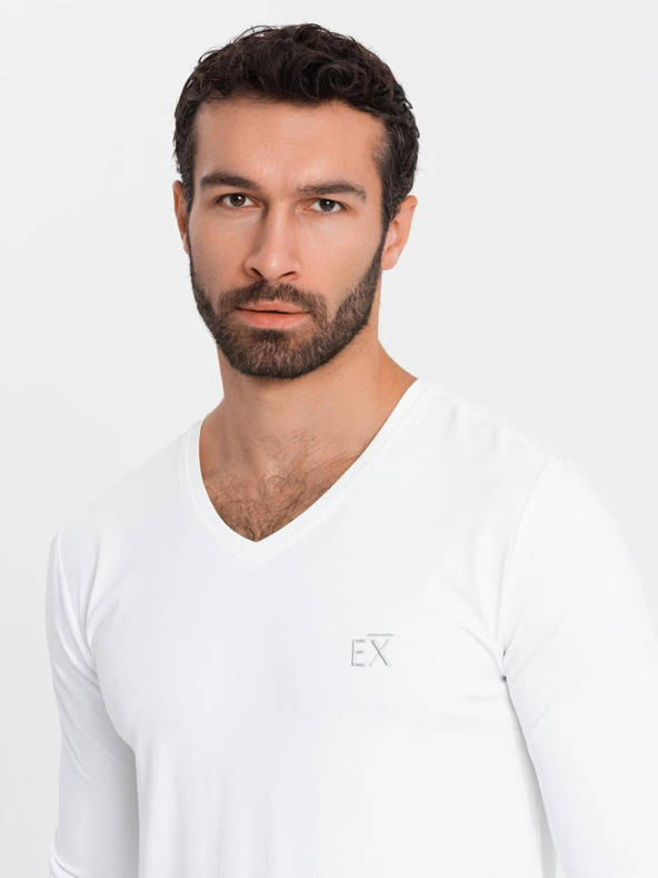 Ombre Clothing Muška majica kratkih rukava SLIM FIT s dugim rukavima i V-izrezom s elastinom i printom bijela Ombre odjeća