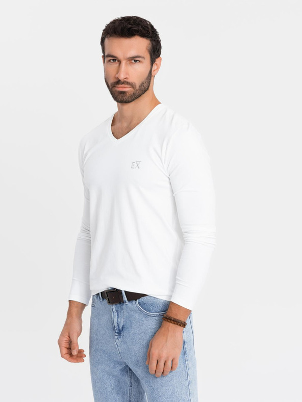 Ombre Clothing Muška majica kratkih rukava SLIM FIT s dugim rukavima i V-izrezom s elastinom i printom bijela Ombre odjeća