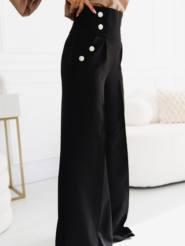numoco Crne ženske elegantne hlače širokih nogavica s visokim strukom i zlatnim gumbima marke Numoco