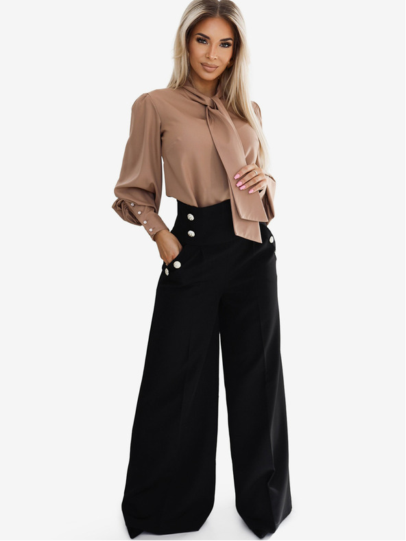 numoco Crne ženske elegantne hlače širokih nogavica s visokim strukom i zlatnim gumbima marke Numoco