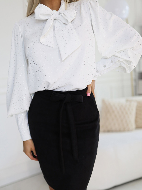 numoco Bijela dezenirana ženska bluza s dugim rukavima, kravatom i gumbima Numoco