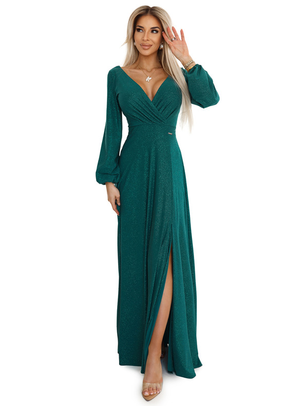 numoco Sjajna duga haljina s dekolteom, dugim rukavima i izrezom za noge marke Numoco