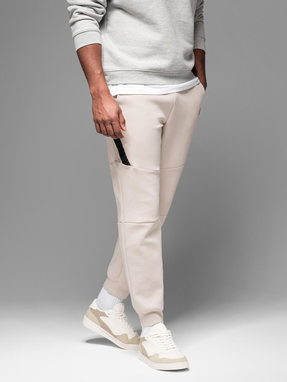 Ombre Clothing Muške trenirke s rebrastim manžetama i ukrasnim patentnim zatvaračem - pijesak Ombre Clothing