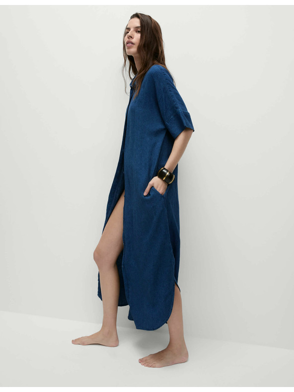 Marks & Spencer Košuljaste midi haljine s ovratnikom s visokim udjelom lana Marks & Spencer mornarsko plava