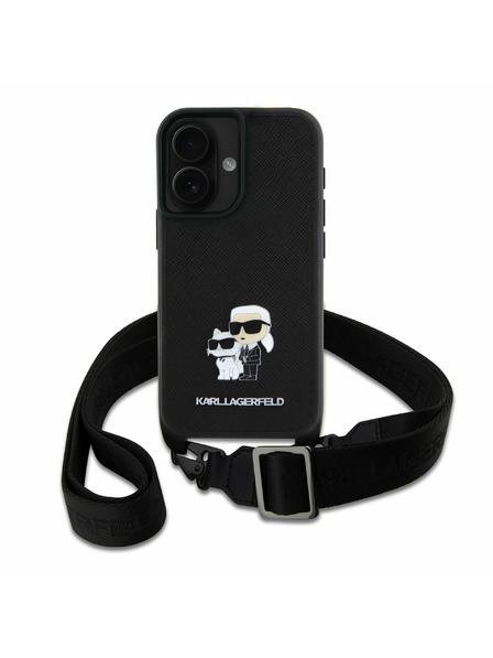 Karl Lagerfeld Karl Lagerfeld Saffiano Poprečni remen Metal Karl and Choupette Stražnji poklopac za iPhone 16 Black