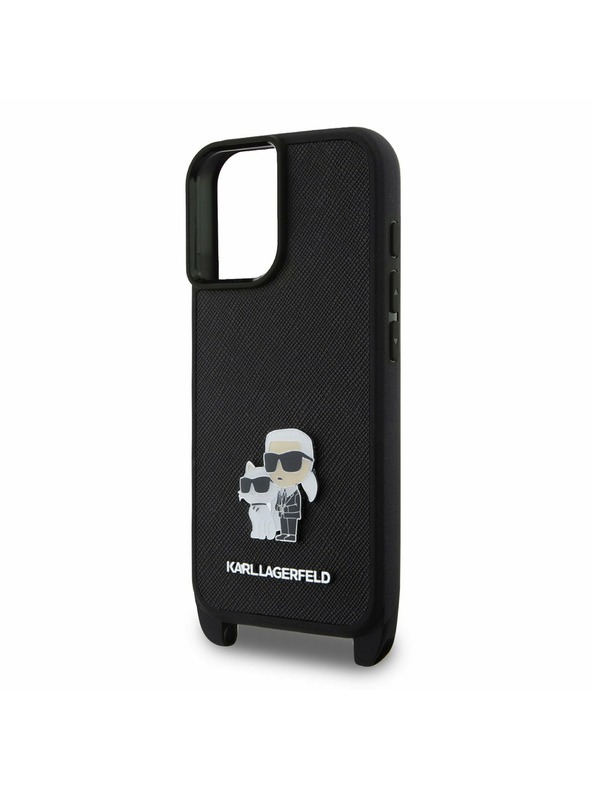Karl Lagerfeld Karl Lagerfeld Saffiano Poprečni remen Metal Karl and Choupette Stražnji poklopac za iPhone 16 Black