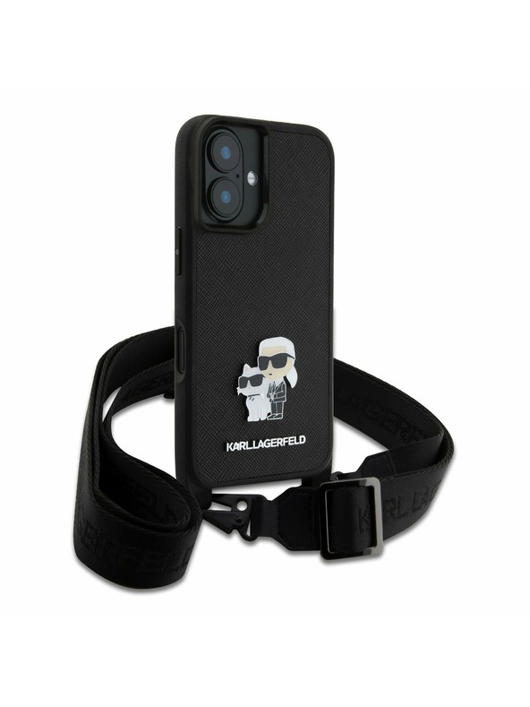 Karl Lagerfeld Karl Lagerfeld Saffiano Križni remen Metal Karl and Choupette Stražnji poklopac za iPhone 16 Plus Crni