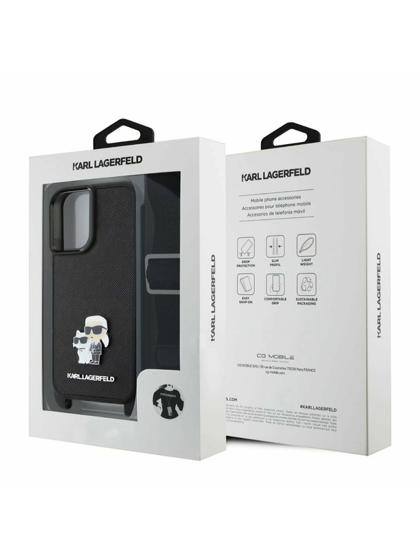 Karl Lagerfeld Karl Lagerfeld Saffiano Križni remen Metal Karl and Choupette Stražnji poklopac za iPhone 16 Plus Crni