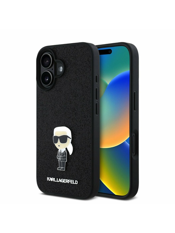 Karl Lagerfeld Karl Lagerfeld Fixed Glitter Metal Ikonik Stražnji poklopac za iPhone 16 Crni