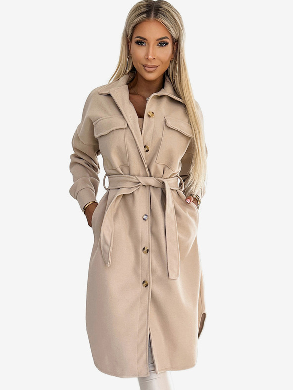 numoco Bež ženski topli kaput s džepovima, gumbima i vezicom Numoco