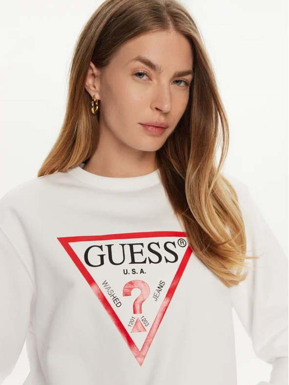 Guess Jeans Bijela ženska dukserica s velikim trokutastim logom Guess jeans