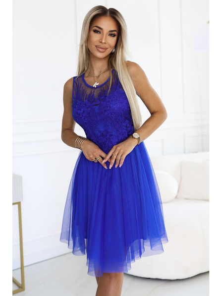 numoco 522-4 CATERINA Ženska haljina s guipure i fino til - modra boje kantarijona