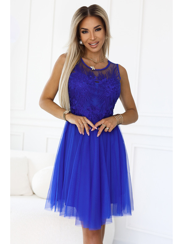 numoco 522-4 CATERINA Ženska haljina s guipure i fino til - modra boje kantarijona