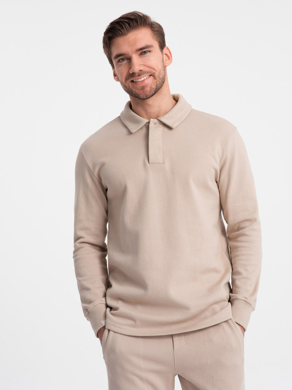 Ombre Clothing Bež muška trenirka, trenirka s polo ovratnikom + hlače Ombre odjeća