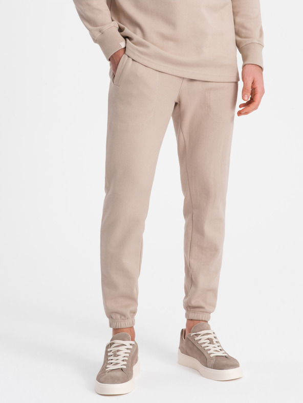 Ombre Clothing Bež muška trenirka, trenirka s polo ovratnikom + hlače Ombre odjeća