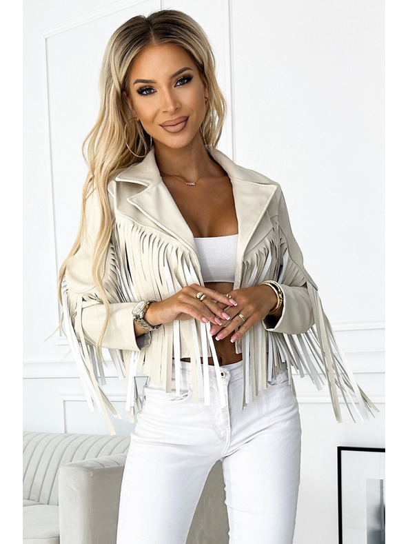 numoco Kratka bež jakna s resama od fine eko kože