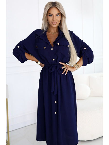 numoco Midi košuljaste haljine sa zlatnim gumbima i kravatom