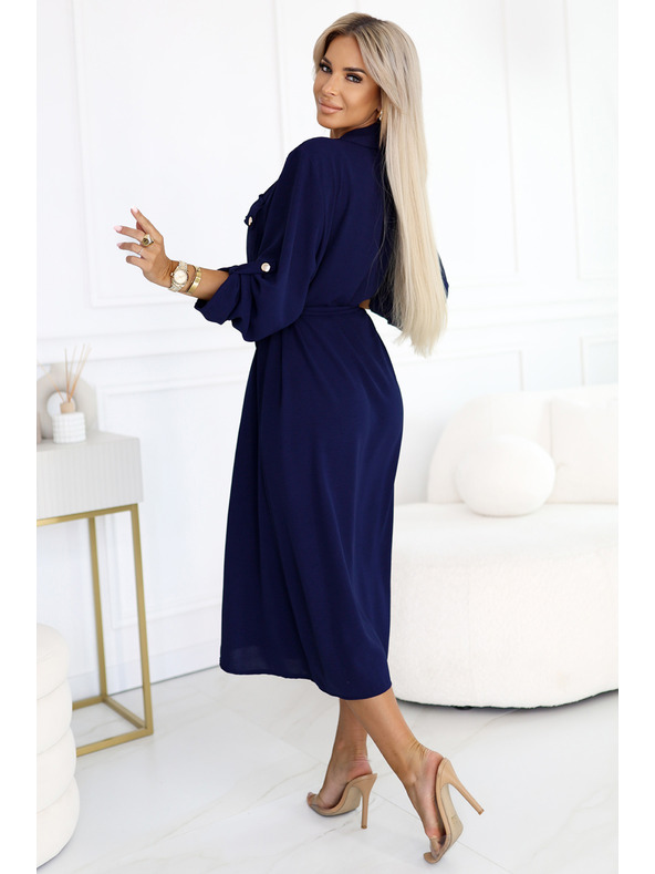 numoco Midi košuljaste haljine sa zlatnim gumbima i kravatom