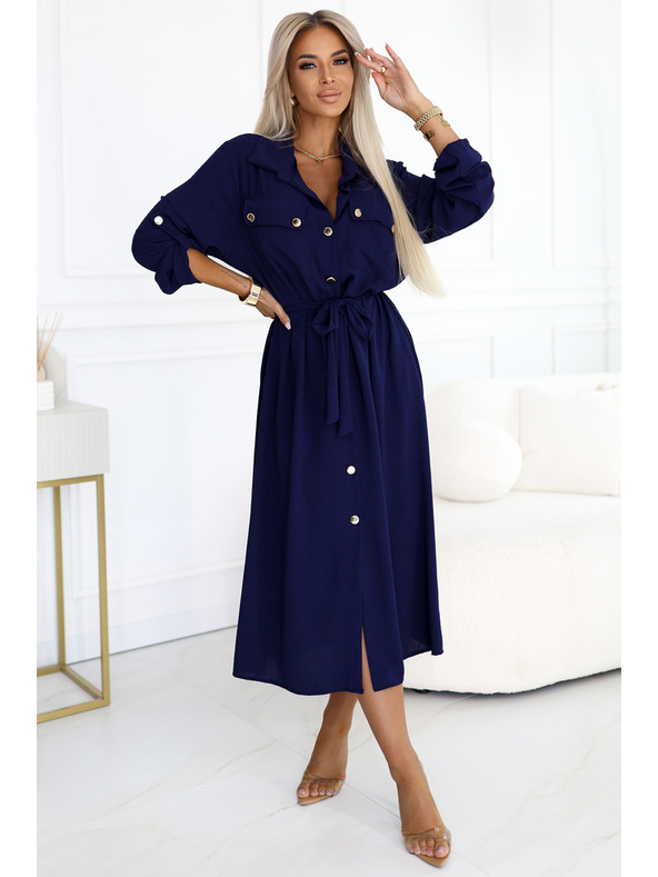 numoco Midi košuljaste haljine sa zlatnim gumbima i kravatom