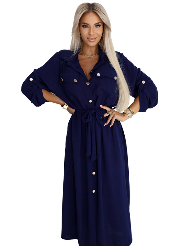 numoco Midi košuljaste haljine sa zlatnim gumbima i kravatom