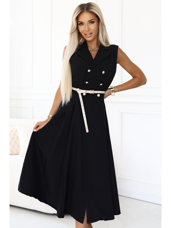 numoco Elegantne midi košuljaste haljine sa zlatnim gumbima i pojasom