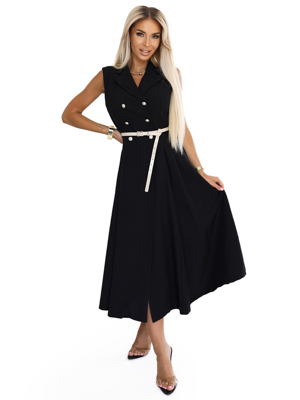 numoco Elegantne midi košuljaste haljine sa zlatnim gumbima i pojasom