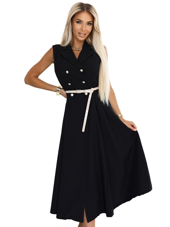 numoco Elegantne midi košuljaste haljine sa zlatnim gumbima i pojasom