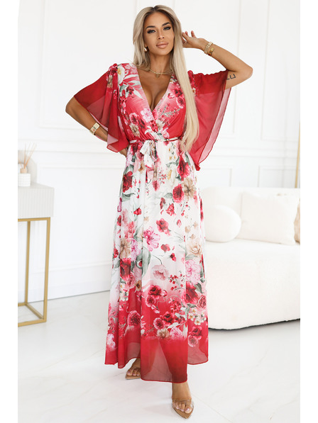 numoco Lagane preklopne maxi haljine s cvjetnim uzorkom crvene ruže