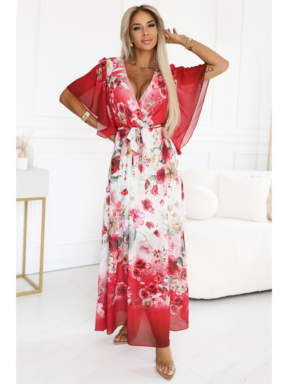 numoco Lagane preklopne maxi haljine s cvjetnim uzorkom crvene ruže