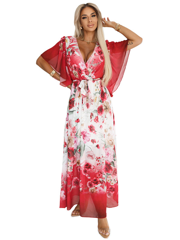 numoco Lagane preklopne maxi haljine s cvjetnim uzorkom crvene ruže