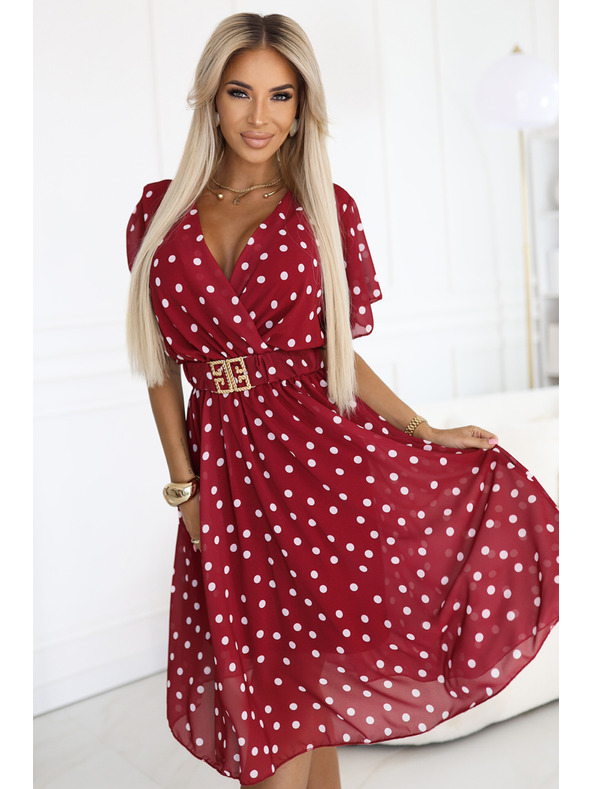 numoco Senzualne vinsko crvene haljine s bijelim točkicama i ukrasnim pojasom