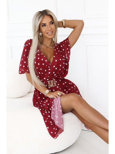 numoco Senzualne vinsko crvene haljine s bijelim točkicama i ukrasnim pojasom