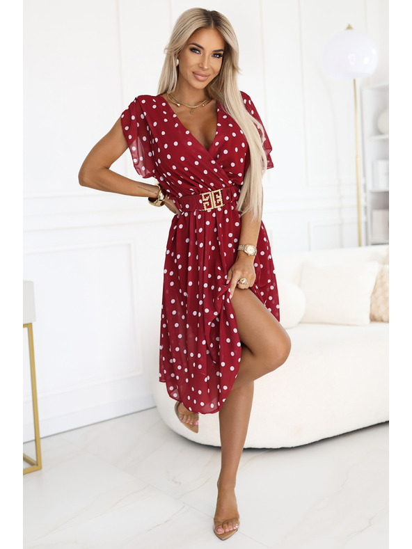 numoco Senzualne vinsko crvene haljine s bijelim točkicama i ukrasnim pojasom