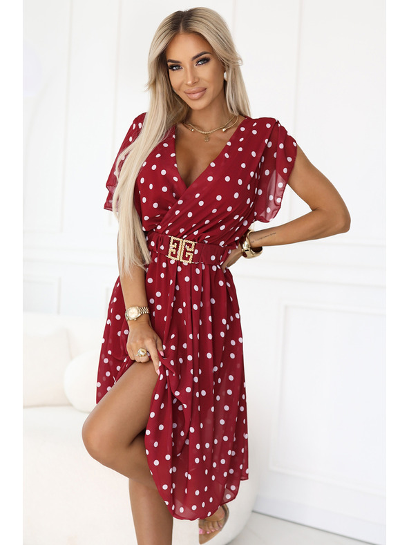 numoco Senzualne vinsko crvene haljine s bijelim točkicama i ukrasnim pojasom